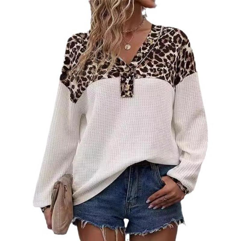 Женская футболка с длинным рукавом и застежкой на пуговицы с леопардовым принтом в стиле пэчворк