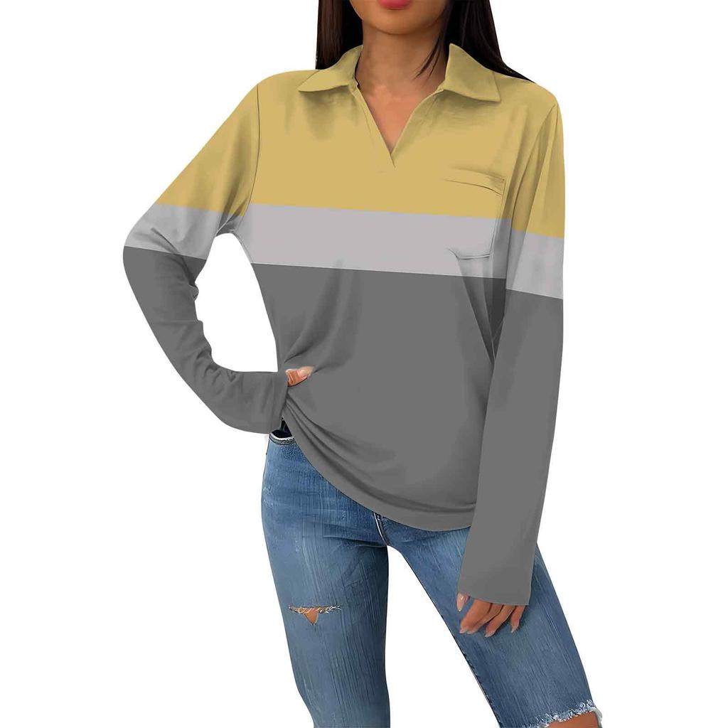 Женская модная повседневная футболка с длинным рукавом и V-образным вырезом в полоску с принтом и лацканами