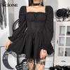 Gothic Sexy Black Lace Up Dress Vintage Square Collar Puff Sleeve Lace Tirm Mini Dresses Harajuku Fairy Grunge Party Dress