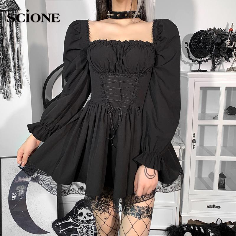 Gothic Sexy Black Lace Up Dress Vintage Square Collar Puff Sleeve Lace Tirm Mini Dresses Harajuku Fairy Grunge Party Dress