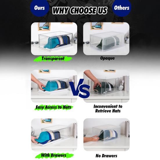 Органайзер для кепок Прозрачный дизайн Держатель для шляп с выдвижным лотком Штабелируемый ящик для хранения с магнитной дверцей