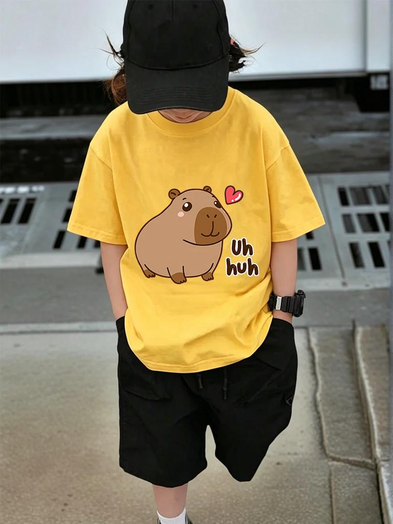 Bright Capybara Short Sleeve T Shirt For Kids Summer Cute Crewneck Casual 3-14