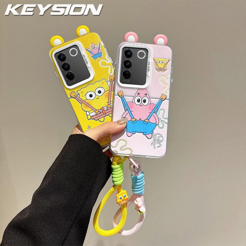 KEYSION Милый мультяшный чехол с ушками для VIVO V27 5G со шнурком Мягкий силикон+ПК Противоударная задняя крышка для телефона VIVO V27 5G
