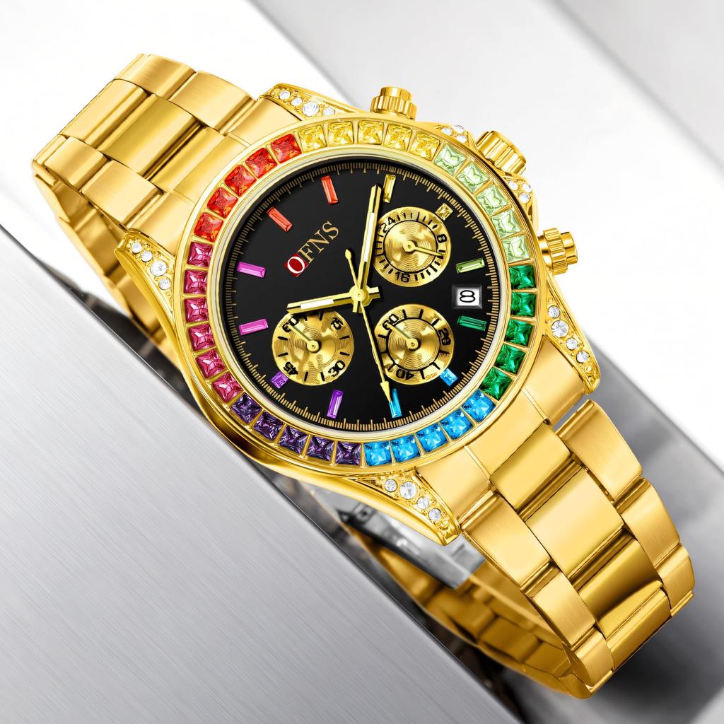Rainbow Diamond Chronograph Men's Watch Six Pin Quartz Movement Waterproof Calendar Night Light Luxury Men's Watch