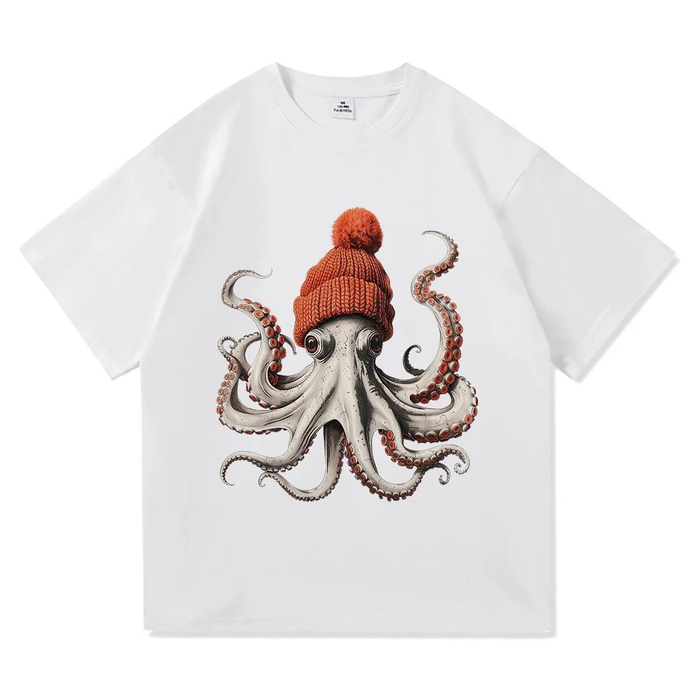 Octopus Wearing Beanie T Shirt Japanese Style Funny Menkids Clothing Harajuku Clothes Vintage High Quality Tops Cotton TShirts