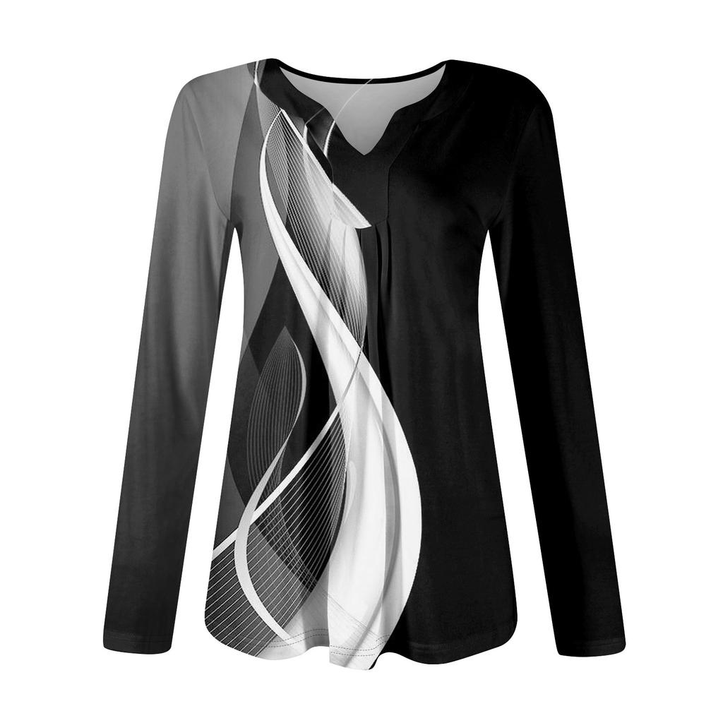 Women's Fashion Casual Long Sleeve Shirt Geometry Printed V Neck Up Tops