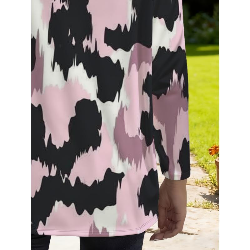 Women's large size pink leopard print loose long-sleeved top with pockets for women autumn fashion versatile casual T-shirt jacket