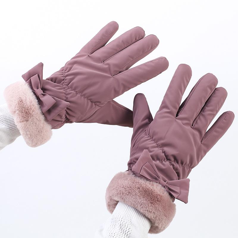 Winter Warm Gloves for Women with Velvet Waterproof Windproof Outdoor Cycling Touchscreen Butterfly Knot Cotton Gloves