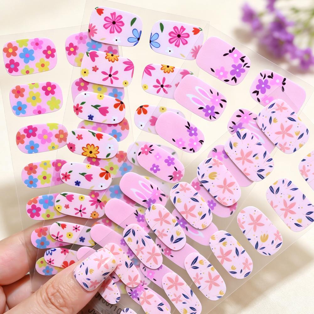 20tips Pink Purple Daisy Full Cover Nail Gel Stickers 3D Self-Adhesive Rose Lily Flower Nail Wraps Cute Summer Floral Nails*1pcs