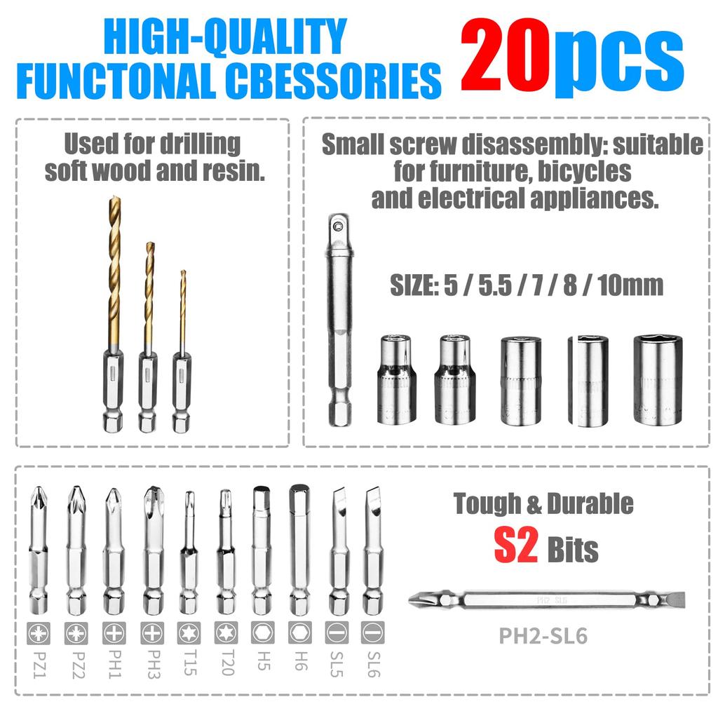 CVVITOO Электрическая отвертка Беспроводная отвертка USB-зарядка Набор отверток Torque 11 бит для отверток 3 спиральных сверла 5 торцевых гаек Flex Hex
