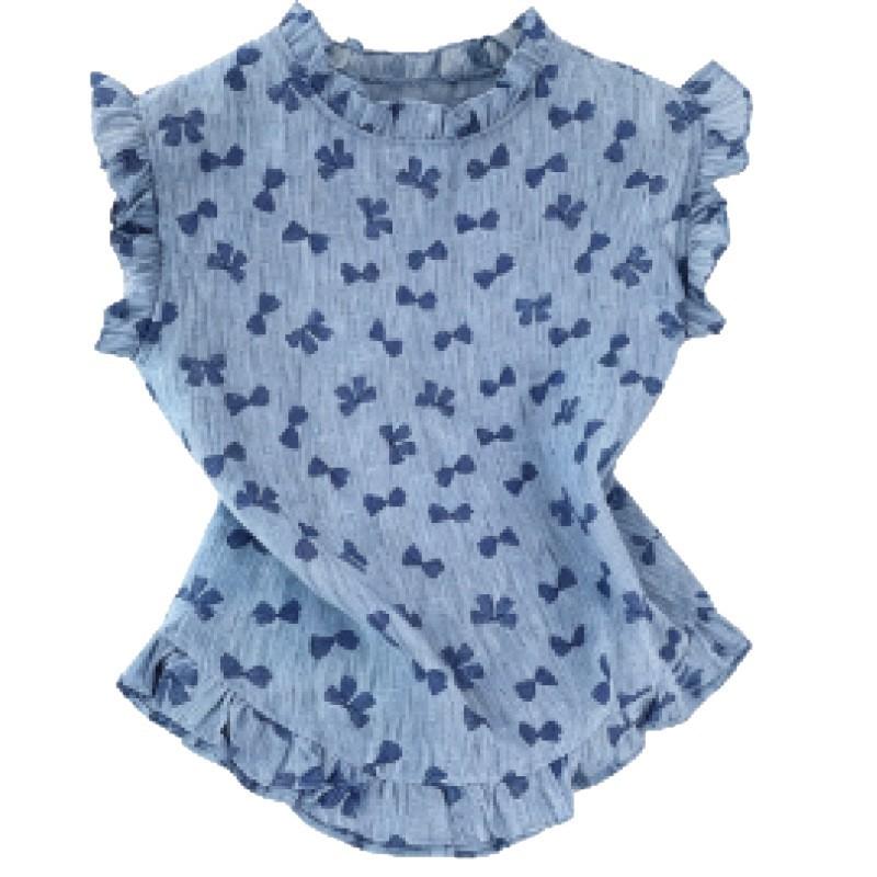 Korean sweet style bow print sleeveless shirt women's summer fashion fungus edge top
