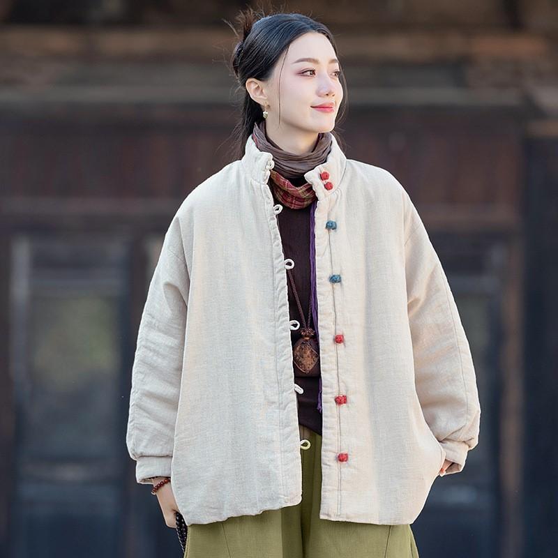 Johnature Women Vintage Solid Color Long Sleeve Winter Coats Button Chinese Style Warm Coats