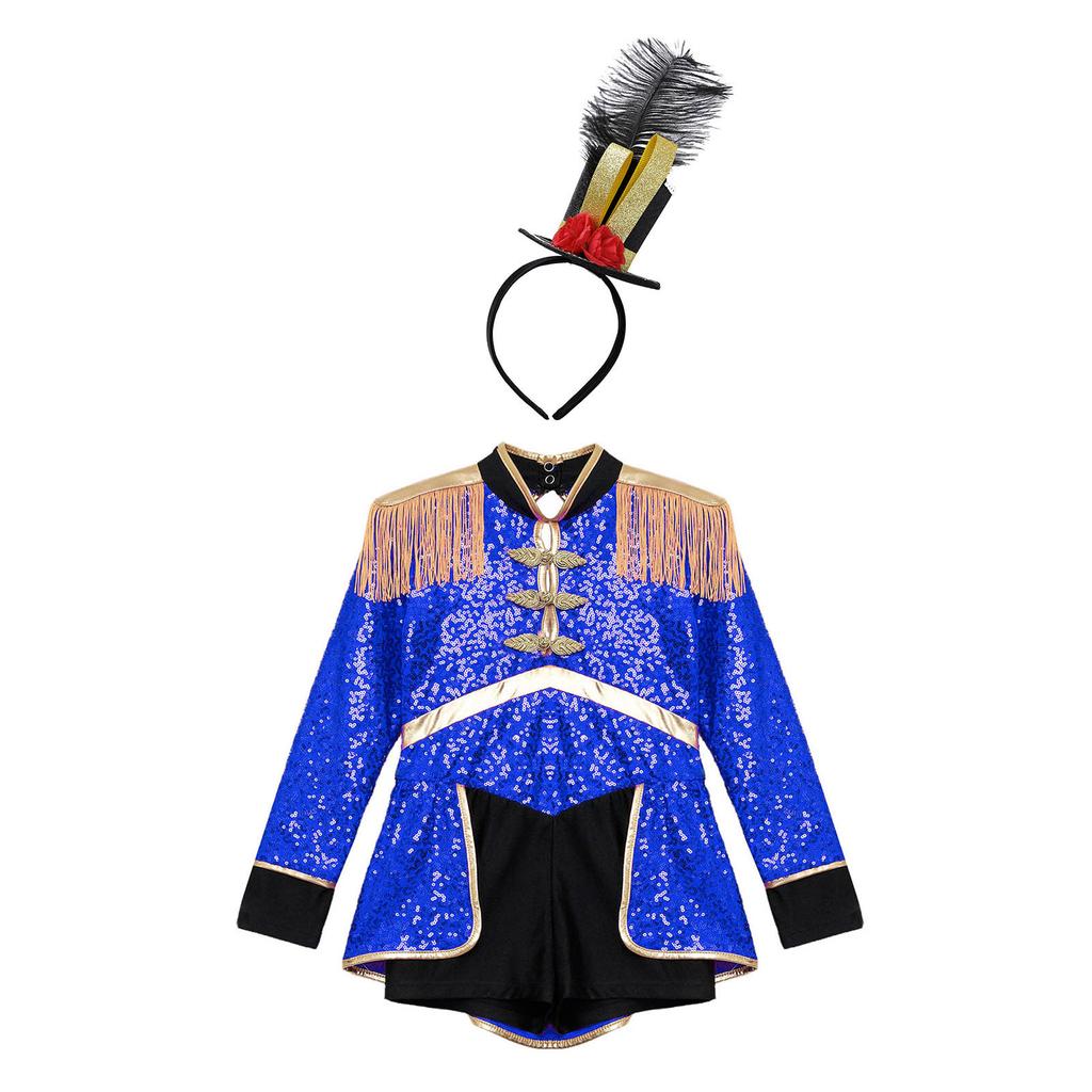 Girls Circus Drummer Costume Long Sleeve Sequined Bodysuit Fringe Epaulet Shoulder Mini Top Hat Accessory