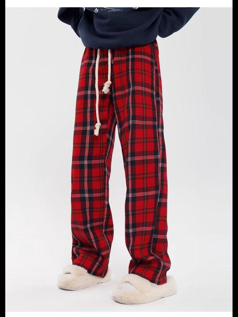 Женские брюки широкого кроя в красную клетку - повседневный осенне-зимний спортивный стиль