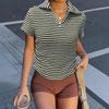 Женская летняя новая полосатая футболка с V-образным вырезом, короткими рукавами и повседневными лацканами