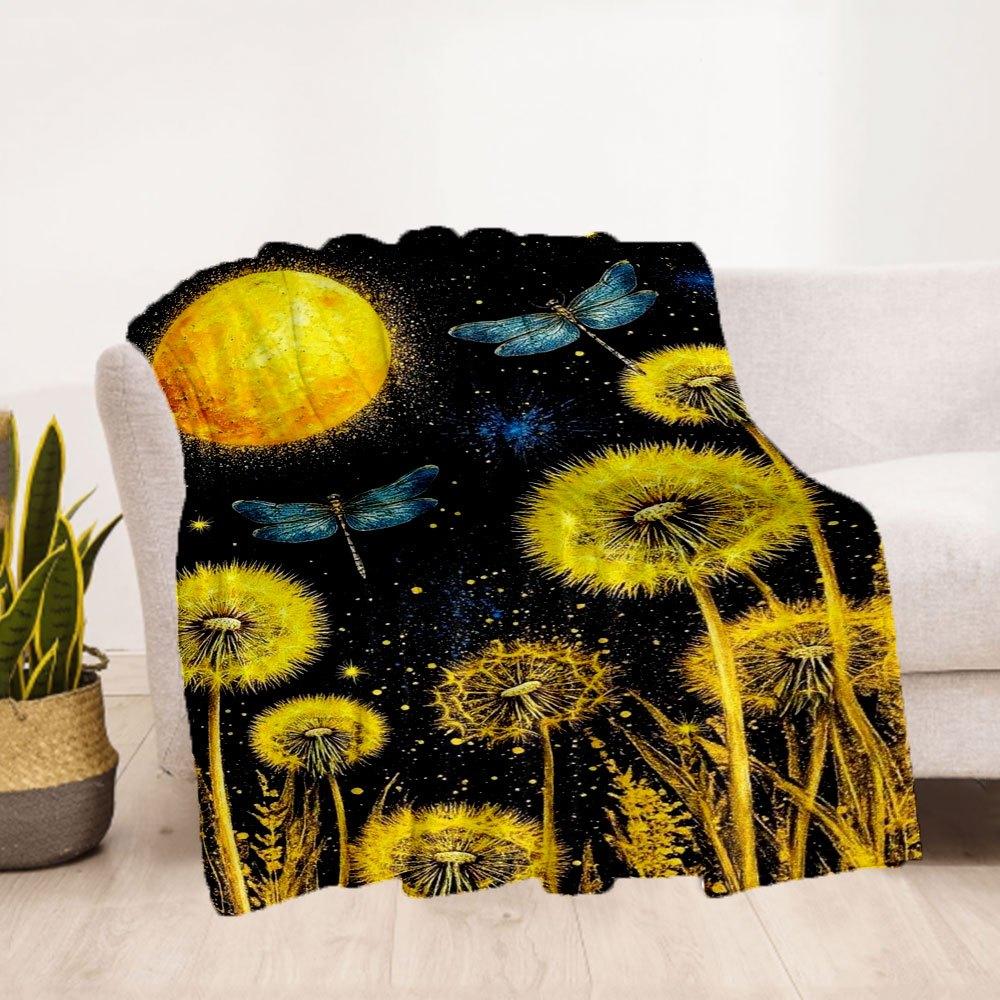 "Dandelion Dreams: Celestial Night Art Print"Blanket Flannel Throw Blanket for Sofa, Bed, Travel, Camping, Office, Couch, Chair, And Bed Gif