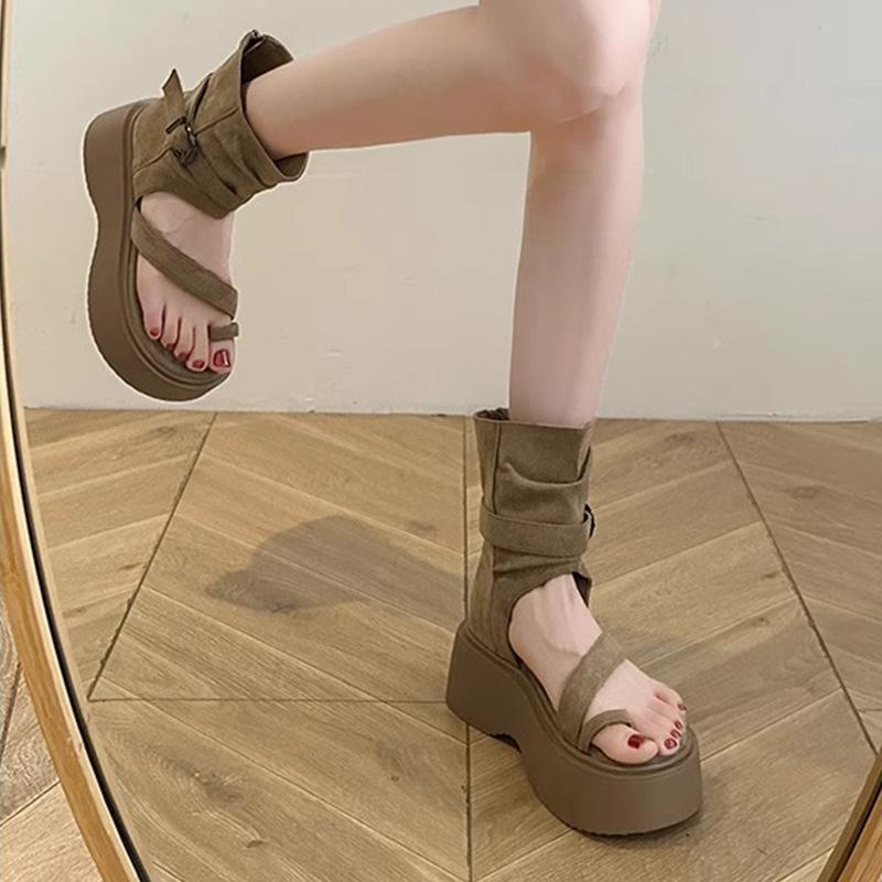 Retro Thick-soled Roman Cool Boots Women's Summer New Fashion Set-toed High-top Sandals Heightening Rear Zipper Short Boots