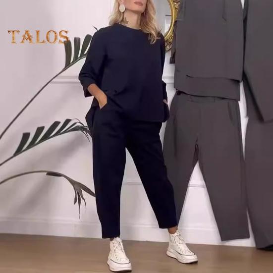 2 шт./комплект женский свитер брюки комплект круглый вырез длинный рукав топ эластичный пояс широкие спортивные штаны спортивный наряд осень повседневная одежда для поездок на работу