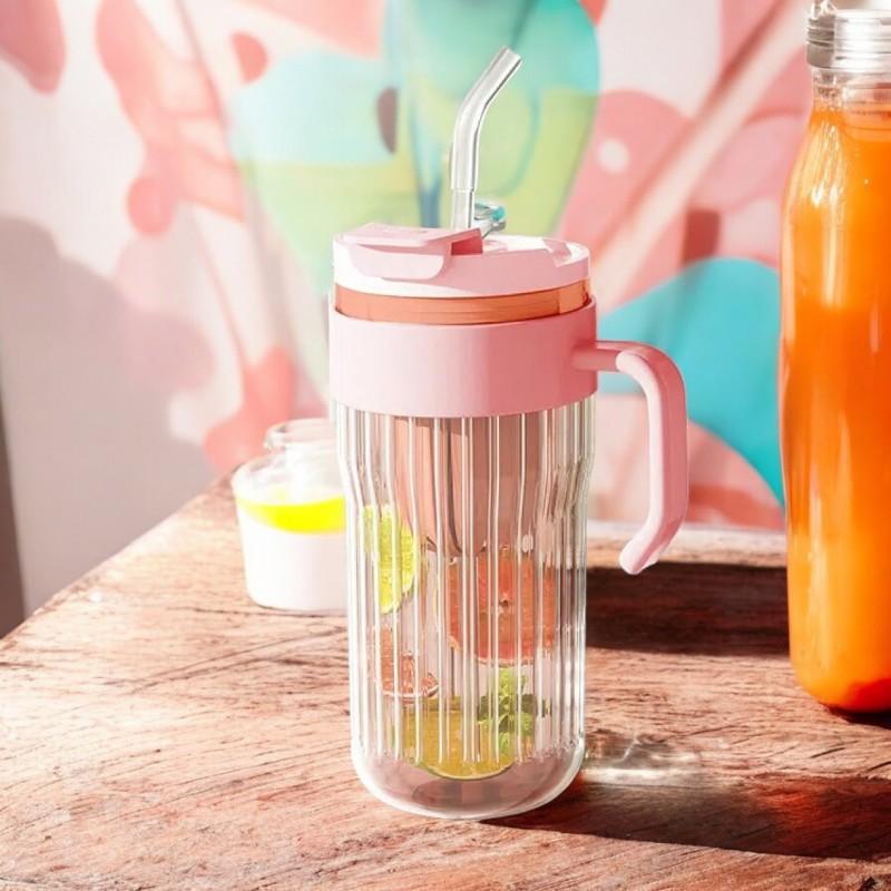 Ribbed Glass Mug with Straw and Strainer Closure 550 Pink