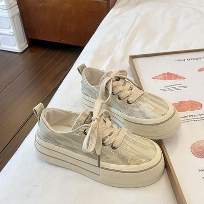 Туфли из парусины на платформе из вымытого денима в стиле ретро в стиле Гонконга, женские, лето 2024, новый нишевый дизайн, повседневные туфли для сноуборда