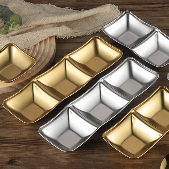 1/2/3 Grids Stainless Steel Seasoning Dish Korean Metal Barbecue Sauce Dipping Dish Plate BBQ Restaurant Kitchen Tableware