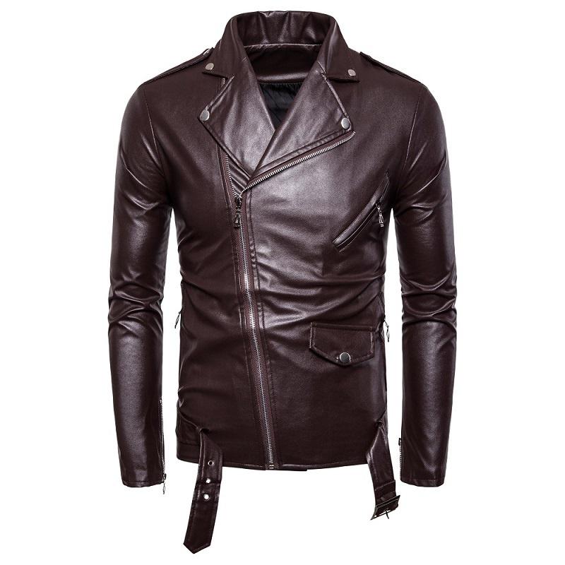 Men's Leather Motorcycle Jacket Slim Lapel Leather Zipper Motorcycle Jacket