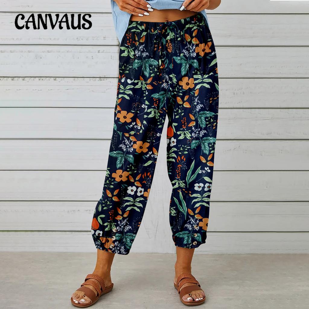 Summer Women's Pants Cotton Linen High Waist Drawstring Nine-quarter Pants Elastic Waist Bundle Foot Mouth Retro Print Pants
