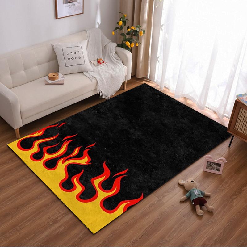 Black Carpet with Red Flames and Yellow Border Design for Home Decor Suitable for use as an anti-slip for living room bedroom sofas