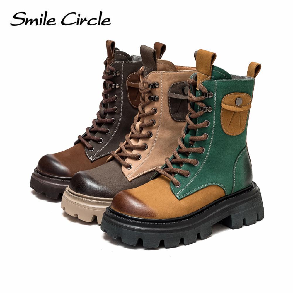 Женские ботинки из натуральной кожи на массивном каблуке, цветные сапоги с высоким берцем и толстой подошвой, модные повседневные женские мотоциклетные ботинки