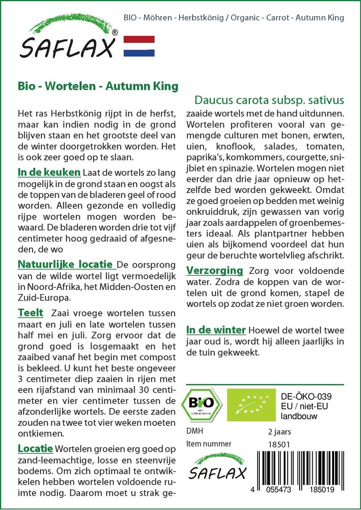 SAFLAX Garden in the Bag - Органический - Морковь - Король Осени - 1000 семян - С субстратом в подходящем мешке-стойке - Daucus carota