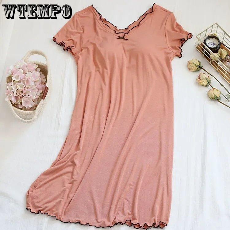 WTEMPO Ночная рубашка из модала с бюстгальтером, женская летняя тонкая свободная пижама с короткими рукавами, большие размеры, однотонная повседневная домашняя одежда