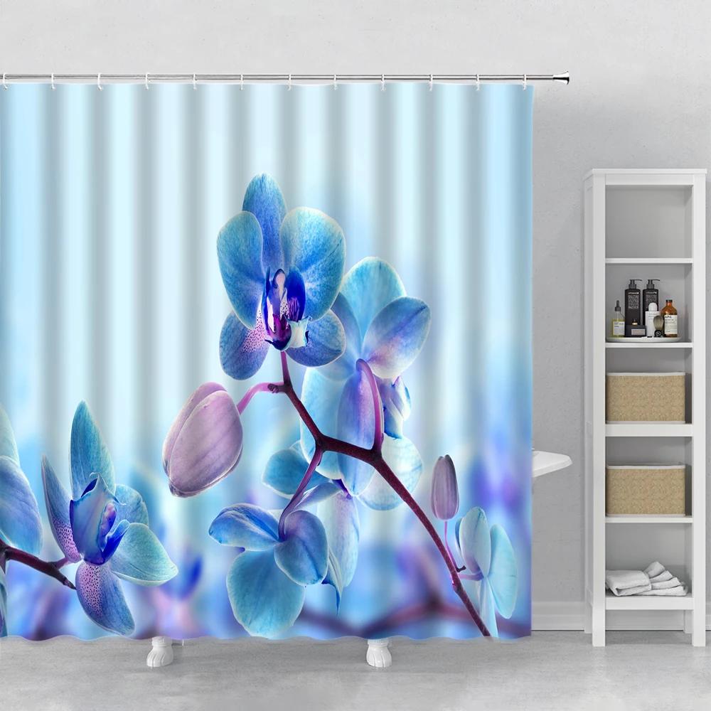Набор штор для душа с цветами Орхидея Бирюзовый Роза Растение Цветочный Принт Листья Декор для ванной Тканевая занавеска для ванны Аксессуары для ванны Крючок