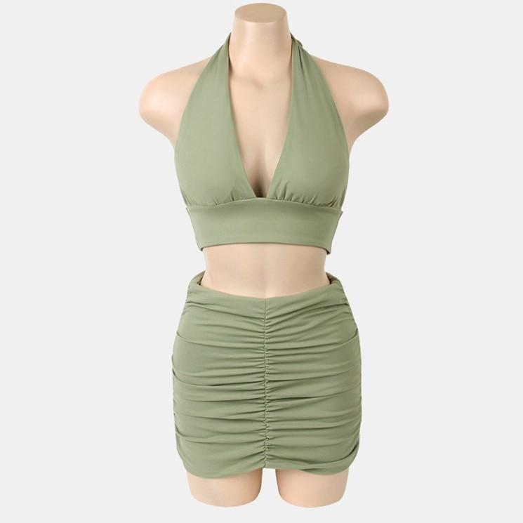 Japan and Korea sexy beach vacation bikini two-piece swimsuit solid color high waist lace-up seaside casual swimsuit swimsuit