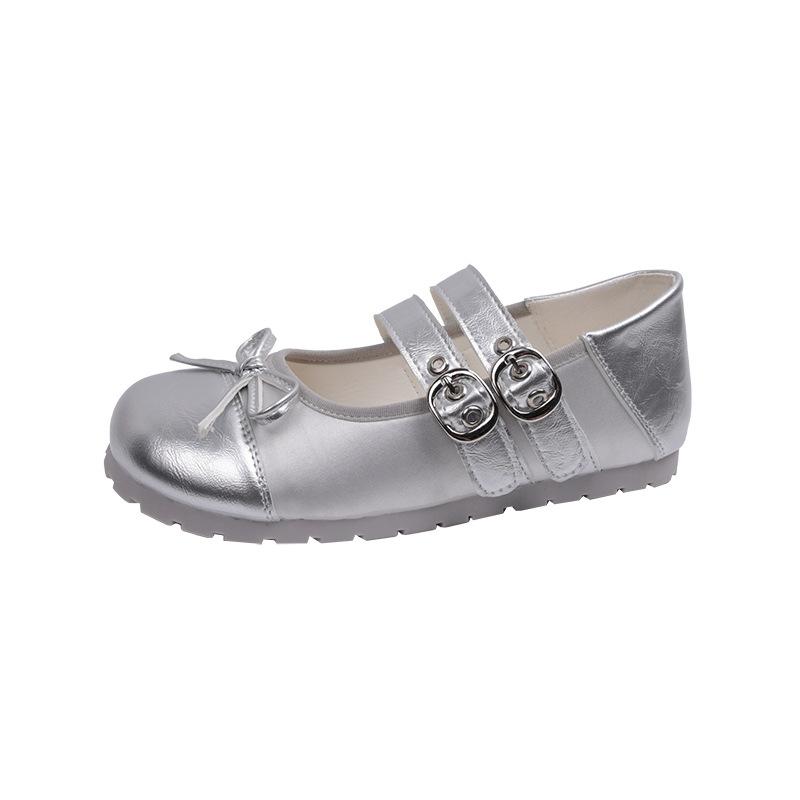 Серебристые ретро французские туфли с круглой головкой и легким язычком на плоской подошве женские балетки Мэри Джейн на мягкой подошве, новинка 2025 года