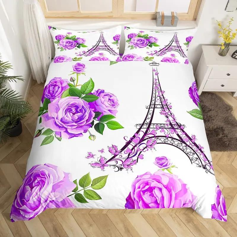 Paris Eiffel Tower Bedding Set Historical Scenery Duvet Cover Famous City Scene Comforter Cover Modern Cityscape Quilt Cover