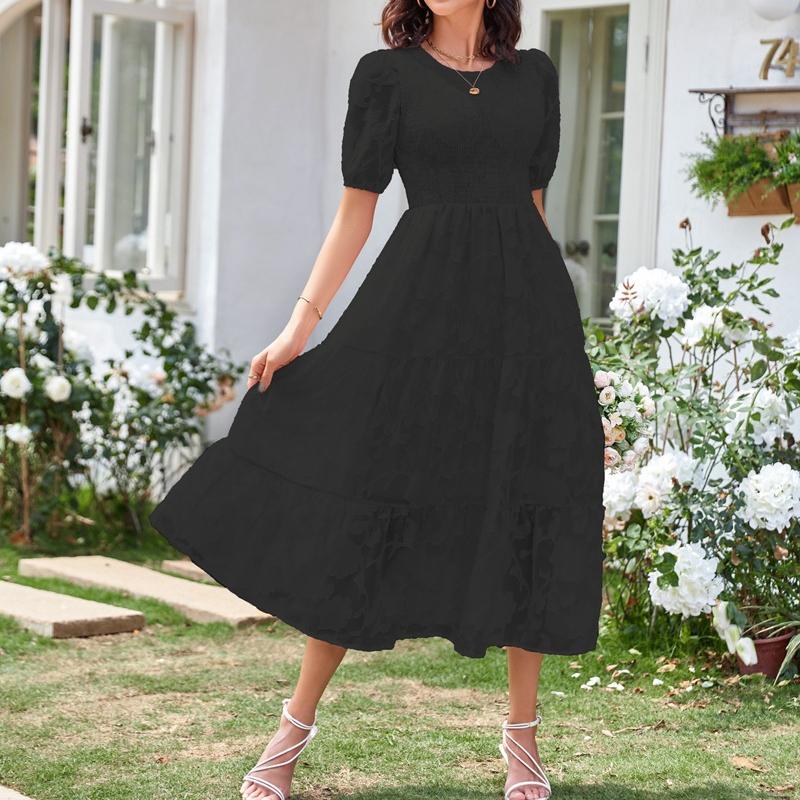 YYFS Женская мода лето весна однотонный принт с коротким рукавом и круглым вырезом с высокой талией повседневные платья