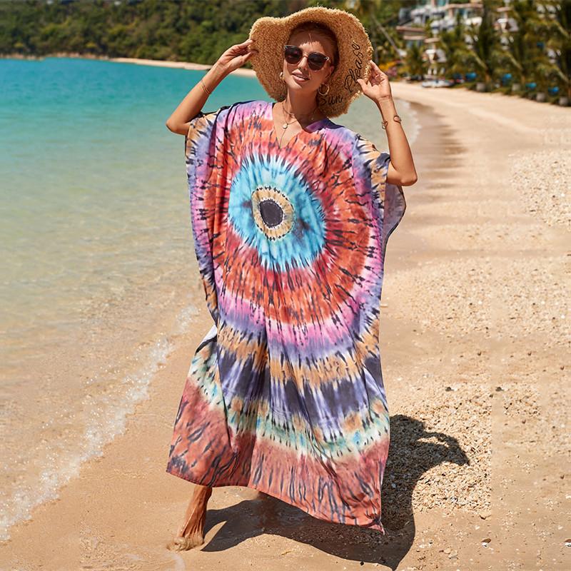 2022 Разноцветный кафтан с богемным принтом и v-образным вырезом, рукавами «летучая мышь», уличная одежда, платье макси, женская пляжная одежда, купальный костюм, накидка Q1342