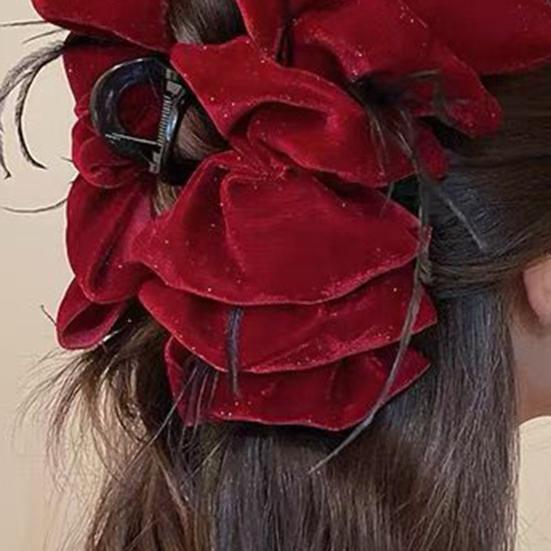 Women Hair Claw Large Pleated Velvet Multi-Layered Bowknot Decor Versatile Hair Clamp
