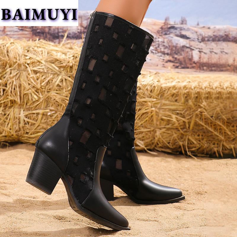 Сексуальные сапоги до колена, женские туфли с острым носком и высоким каблуком, тренд 2025 года, дизайнерские массивные ботинки челси, полые туфли-лодочки Mujer Botas