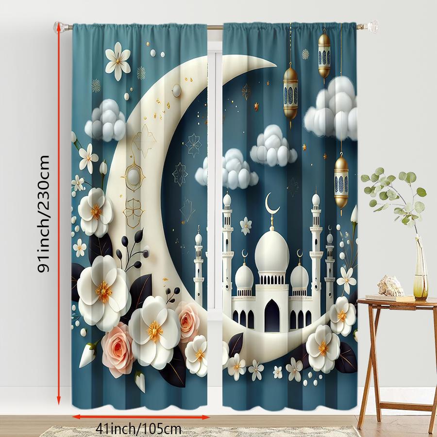 2 шт. Синие Нижние Полумесяц Исламский Элемент Шторы, Романтический Стиль, Гостиная и Спальня, Декорация с Карманчиком для Штанги