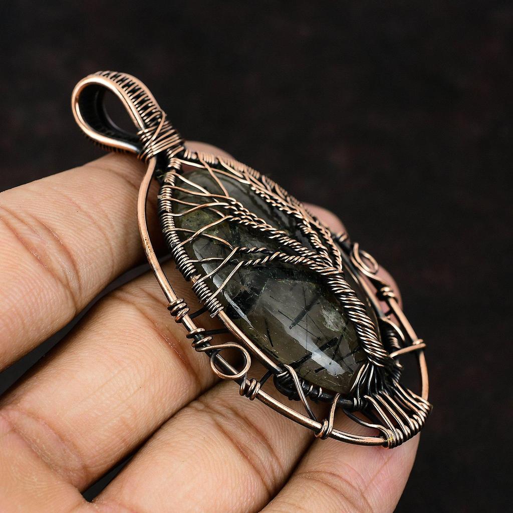 Древо Жизни Черный Рутил Медный Кулон Медная Проволока Обернутый Драгоценный Камень Кулон Медный Дизайнер Ювелирных Изделий Черный Рутиловый Кулон Подарок Для Матери