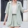 Women 3 Piece Blazer Outfit Short Sleeve Open Front Blazer Sleeveless Tank Top Shorts Set One Button Suit Jacket Business Set