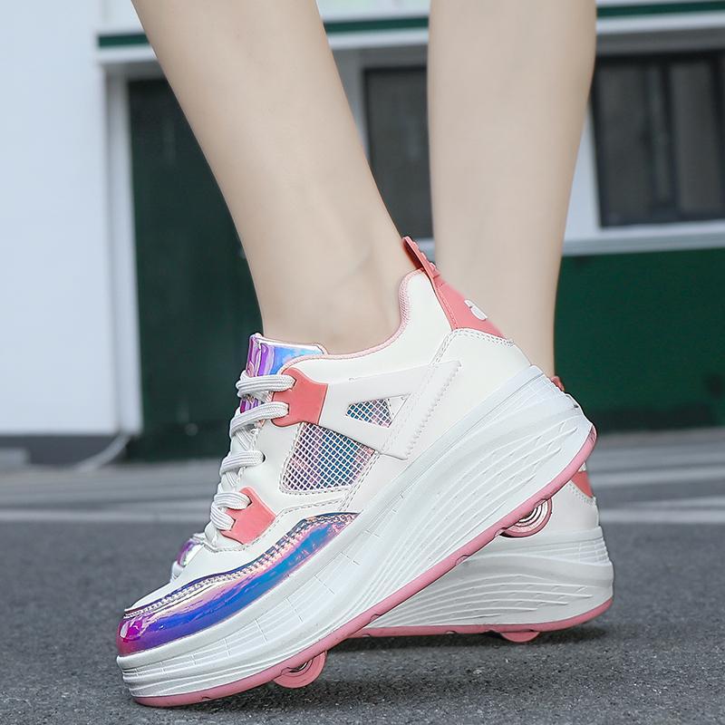 Детские роликовые коньки с четырьмя колесами, съемная плоская спортивная обувь для девочек, розовые роликовые коньки, спортивная обувь, розовые кроссовки