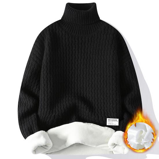 Winter Solid Color Fleece Lined Warm Turtleneck Knit Pullover Sweater Men Casual Knitwear