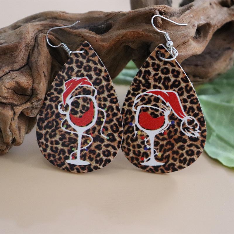 European and American Christmas Leopard Print Leather Wine Glass Teardrop Earrings