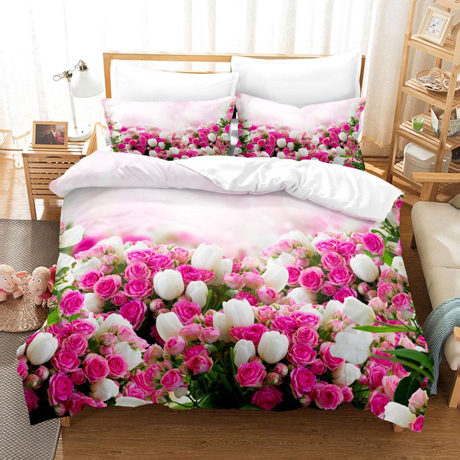 Pink Flower Duvet Cover and Pillowcases Set King Size 220x240 Double Bed Single 3D Queen Bedding Sets Pink Full Twin Quilt Linen