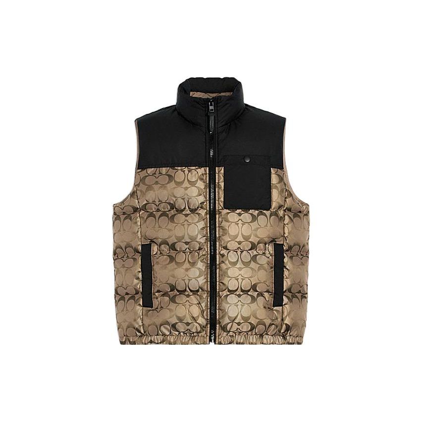 Coach FW22 Жилет без рукавов с полным принтом логотипа, цветовыми блоками, на молнии, мужской, золотой, CF881-T5O
