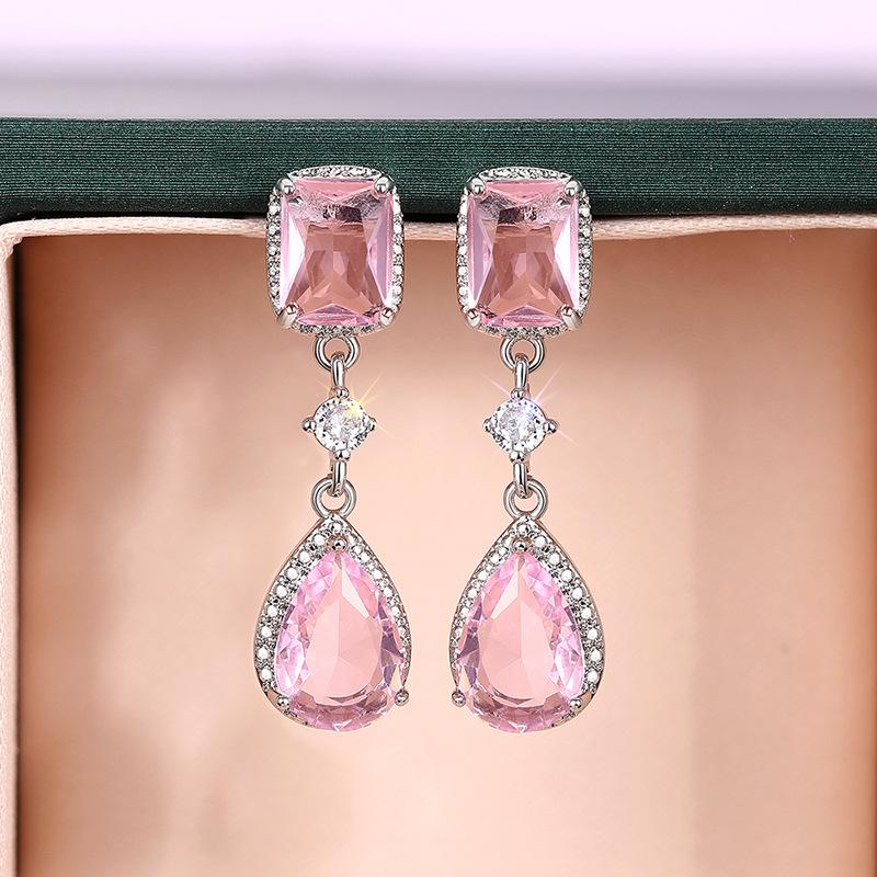 Elegant Light Luxury Pink Zircon Earrings for Women High-End Temperament Trendy Zircon Accessory