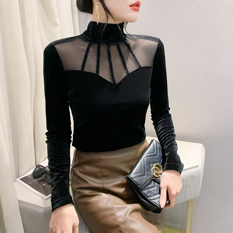 European Velvet Mesh Splicing Shirt - Women's Autumn/Winter Fashion Top