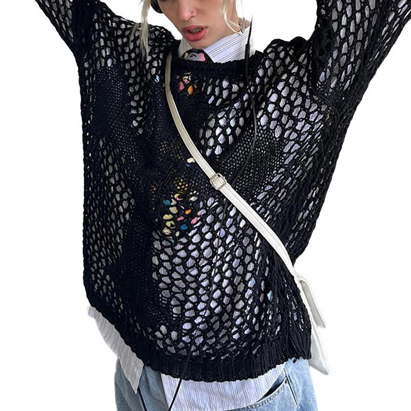 Женский укороченный топ Y2K, винтажный свободный рваный вязаный крючком пуловер, женский повседневный сказочный шикарный укороченный трикотаж